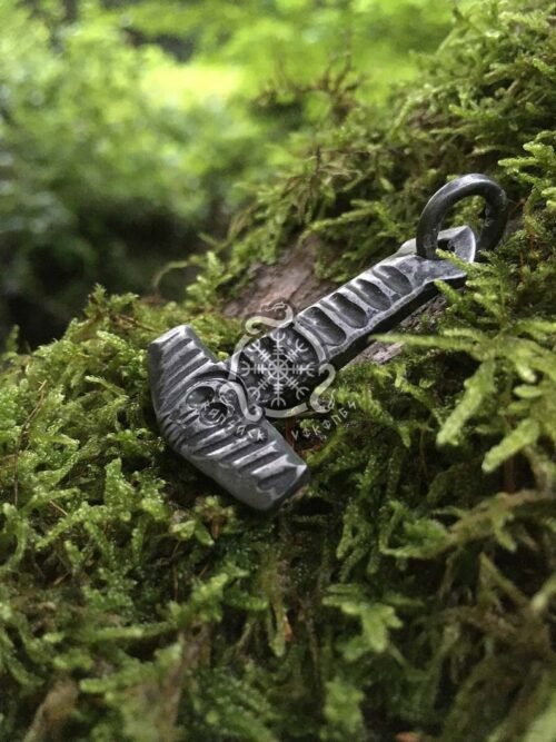 RK-650 Handmade Forged Viking Thor Hammer Pendant | Blacksmith Norse Mjolnir Necklace | Iron & Steel Pagan Amulet with Skull Design