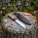 High carbon steel seax knife with a wood handle on a weathered tree stump beside its brown leather sheath and oak leaves