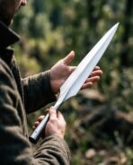 Long steel spear head with hollow socket held at an angle in two hands against a green forest background