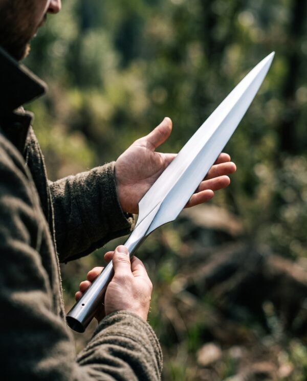 Long steel spear head with hollow socket held at an angle in two hands against a green forest background