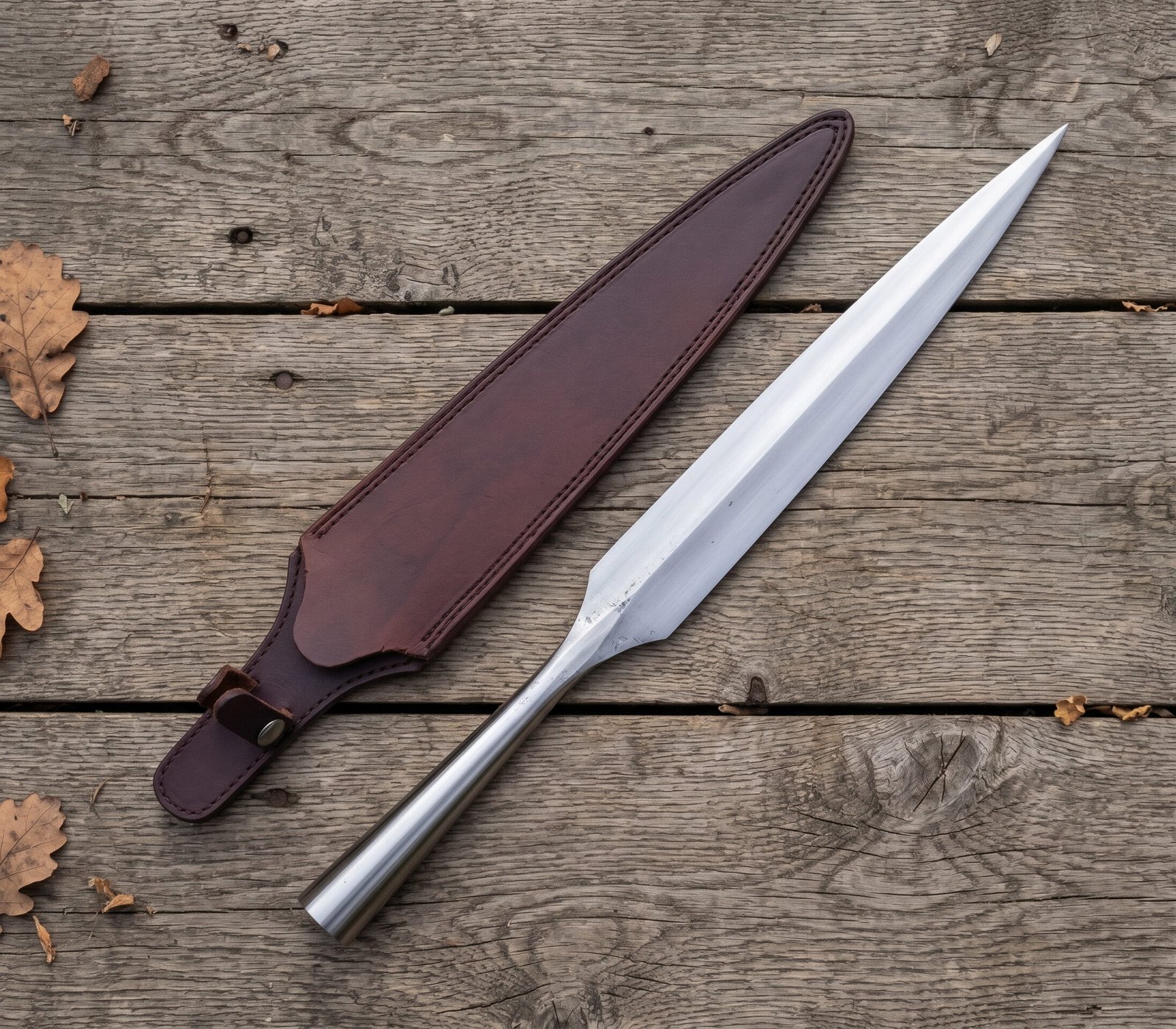 Polished steel spear head with long leaf shaped blade and hollow socket lying beside its dark brown leather sheath on wo Polished steel spear head with long leaf shaped blade and hollow socket lying beside its dark brown leather sheath on wood
