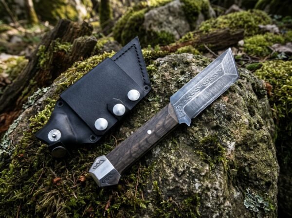 Satin steel tanto knife with dark wood handle and steel pommel cap lying beside its black leather sheath on a mossy rock