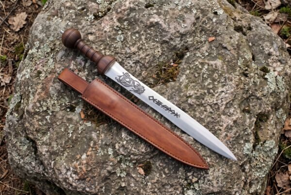 Short stainless steel sword with knotwork dragon etching and turned wood grip on a lichen covered rock beside a brown leather scabbard