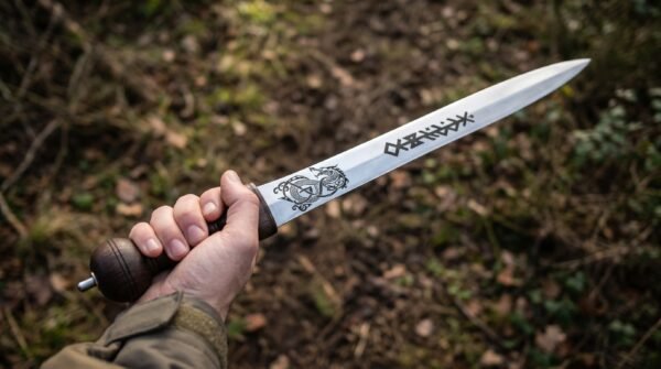 Etched stainless steel short sword held point up over a leafy forest floor, wood grip and pommel in the fist