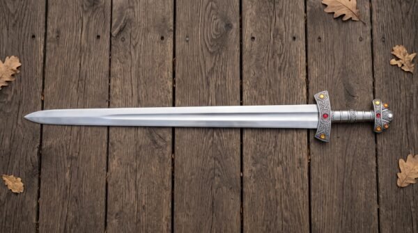 Full length stainless Viking sword with jewelled hilt laid flat on dark wooden boards with scattered oak leaves