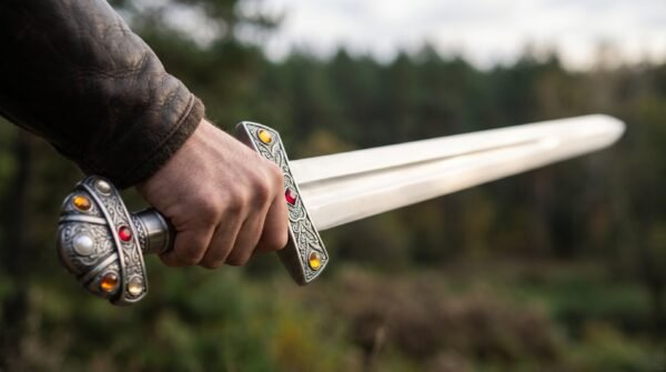 Hand gripping a stainless Viking sword with round jewelled pommel, blade raised toward pine trees in soft daylight
