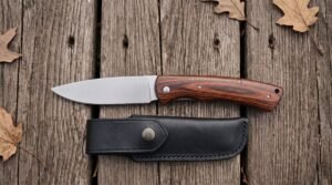Stainless steel folding pocket knife with pakka wood handle laid above its black leather snap pouch on wooden planks