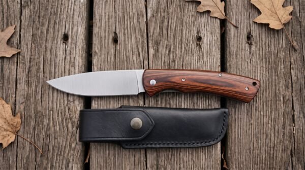 Stainless steel folding pocket knife with pakka wood handle laid above its black leather snap pouch on wooden planks