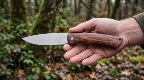 Stainless steel folding pocket knife open in an outstretched hand, drop point blade and pakka wood scales in a forest