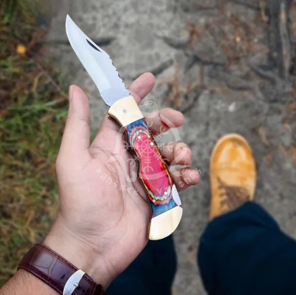 Stainless Steel Folding Pocket Knife — Hand-Forged, 10″ Overall, Wood Handle - view 2
