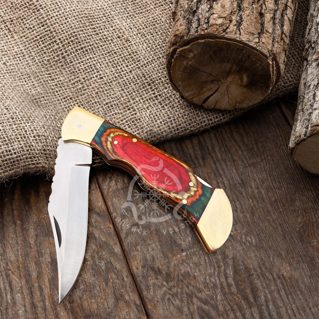 Stainless Steel Folding Pocket Knife — Hand-Forged, 10″ Overall, Wood Handle