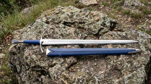 Stainless steel replica longsword with blue leather grip and curved guard lying on a lichen covered rock beside its blue scabbard
