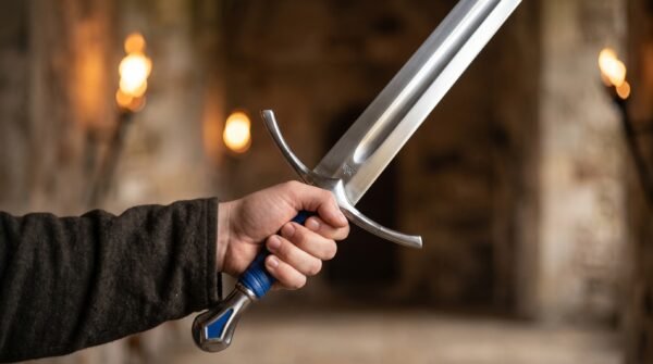 Replica longsword with blue grip and curved crossguard held upright in one hand inside a torch lit stone hall
