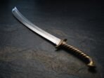 Close view of a curved stainless steel elven sword with engraved brass guard and spiral striped grip lying on dark slate