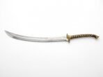 Curved stainless steel elven sword with brass guard and spiral grip shown alone at full length on a white background