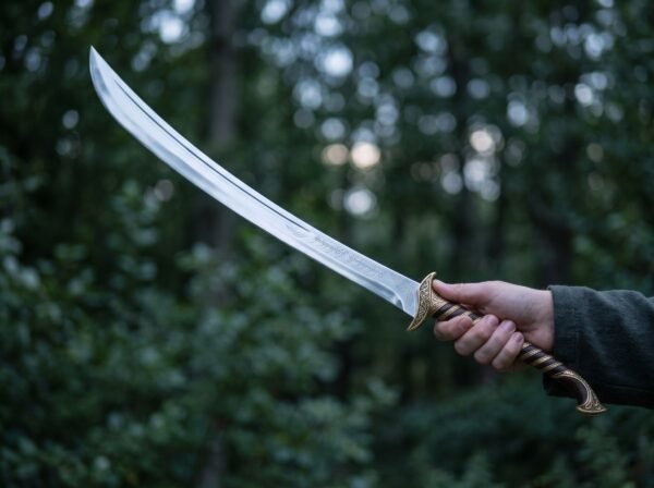 Curved stainless steel elven sword with etched script on the blade held up in one hand in front of a dark forest