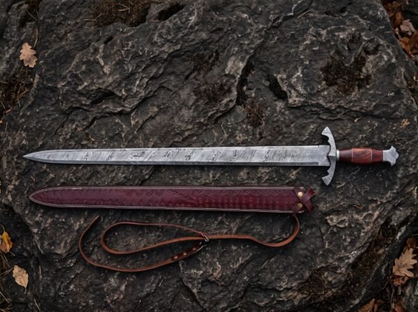 Damascus steel Viking sword with rosewood grip above its burgundy tooled leather scabbard and belt strap on dark rock