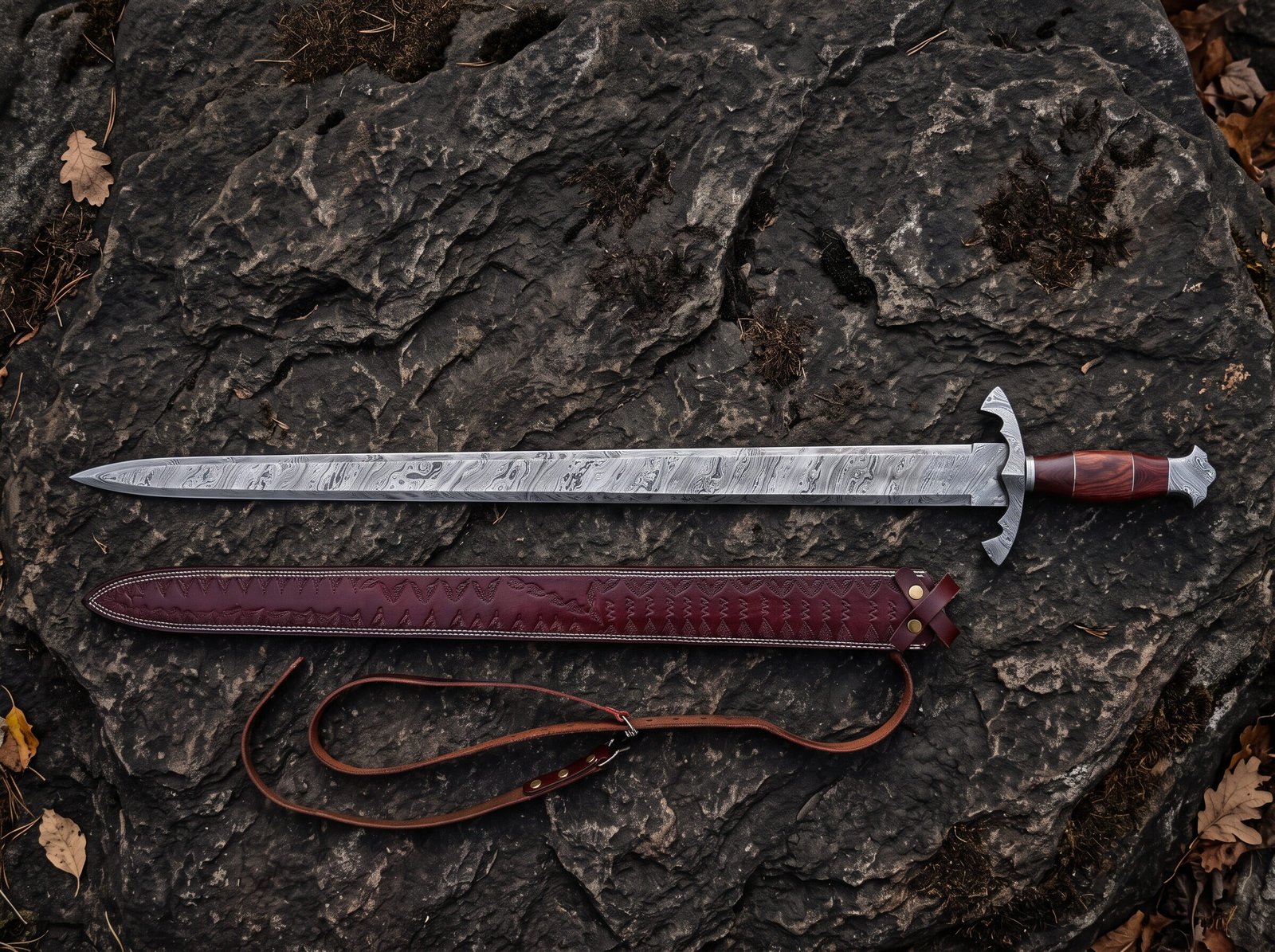 Damascus steel Viking sword with rosewood grip above its burgundy tooled leather scabbard and belt strap on dark rock Damascus steel Viking sword with rosewood grip above its burgundy tooled leather scabbard and belt strap on dark rock