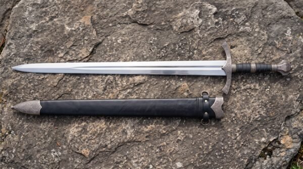 Stainless steel fantasy sword with ornate swept cross guard laid on rough stone beside its black leather scabbard