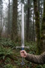 Fantasy longsword with blue wrapped grip held upright in one hand in a misty fern filled forest