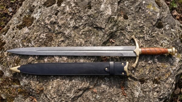 Damascus steel sword with brass cross guard and wrapped wood grip laid on stone above its black leather scabbard with brass fittings
