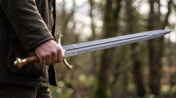Damascus steel sword with brass guard and wood grip held at the side by a man in a jacket in a misty forest