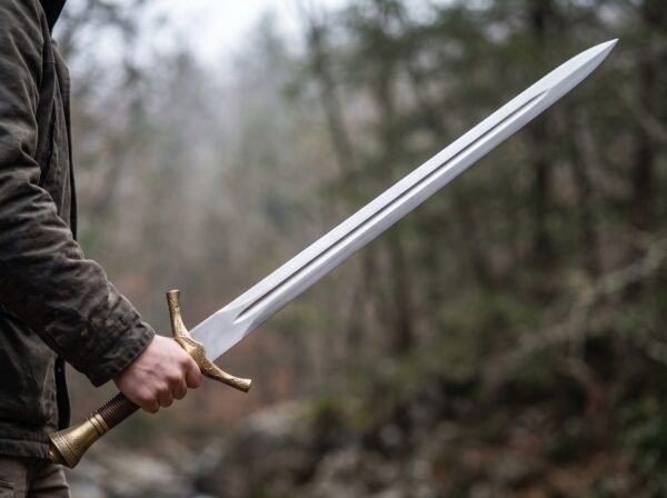 Long polished steel fantasy sword with curled brass guard held upright in one hand against a misty forest background