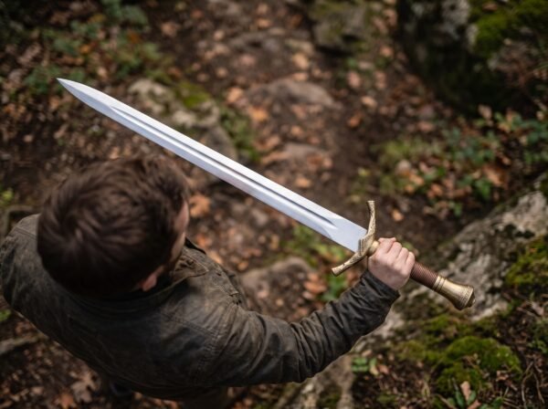 Overhead view of a man raising a polished steel fantasy sword with a brass hilt above a leaf covered forest path
