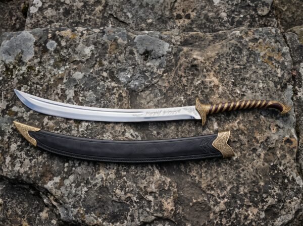 Stainless steel curved elven sword with brass guard and spiral wrapped grip beside its black scabbard on lichen covered rock
