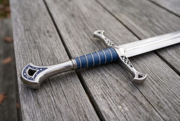 Stainless steel fantasy longsword hilt with blue wrapped grip and pierced silver guard resting on weathered grey boards