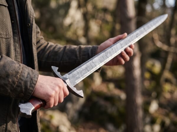Two hands holding a Damascus steel sword with rosewood grip upright in a pine forest, showing the full blade pattern