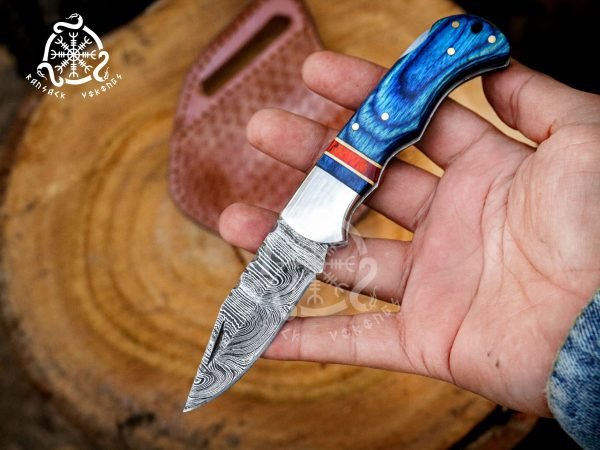 RK-696 Handmade Damascus Steel Folding Pocket Knife – Pakka Wood Handle with Damascus Steel Blade