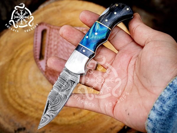 RK-697 Handmade Damascus Steel Folding Pocket Knife – Pakka Wood Handle with Steel Bolster, Ideal EDC Survival Knife and Gift for Men