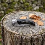 Damascus folding pocket knife with buffalo horn handle lying closed on a tree stump among dry autumn leaves