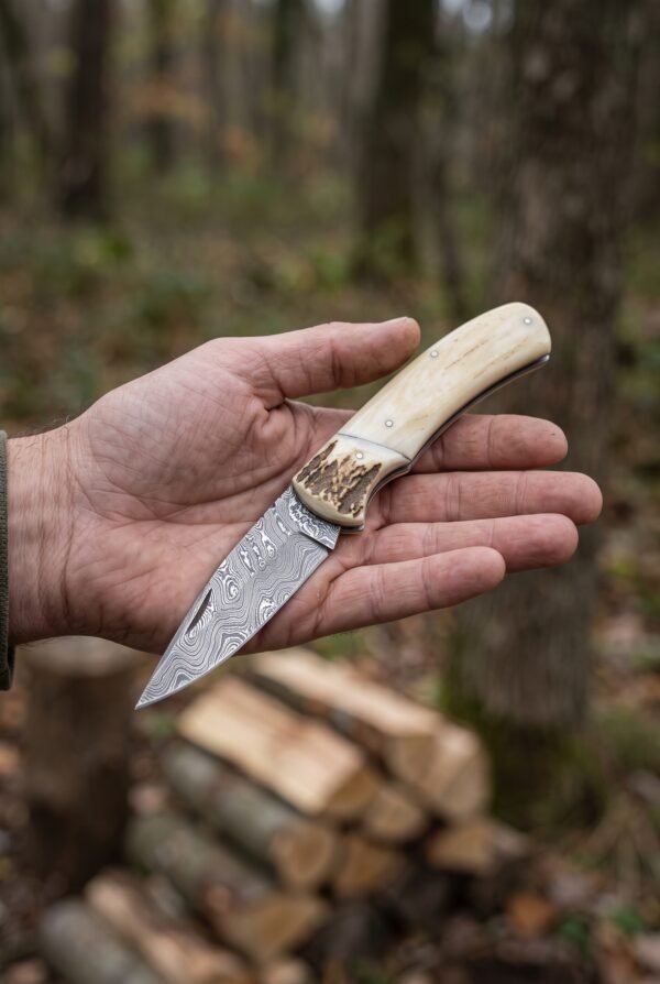 Damascus folding pocket knife with camel bone handle open in an open hand in the woods, stacked logs behind