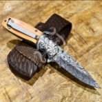 Damascus Folding Pocket Knife, Hand-Forged, Olive Wood Handle - view 5