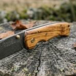 Damascus folding pocket knife with olive wood handle in close view on a tree stump, wood grain and brass pins in focus