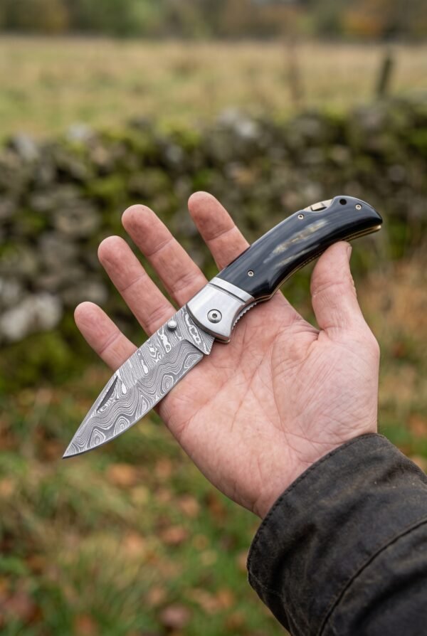 Damascus steel folding knife with black buffalo horn handle held open in one hand in a field beside a stone wall