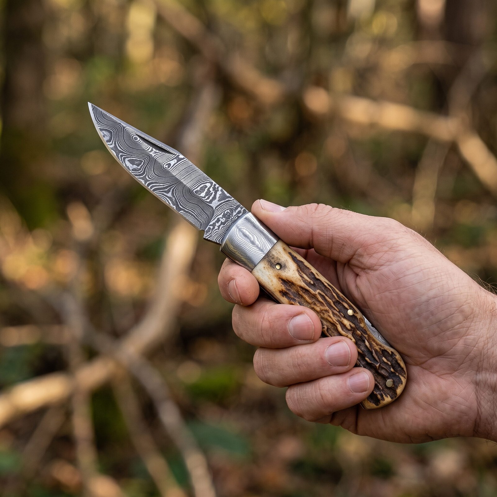 Damascus steel folding pocket knife with stag horn handle held open in a hand against blurred autumn woodland Damascus steel folding pocket knife with stag horn handle held open in a hand against blurred autumn woodland