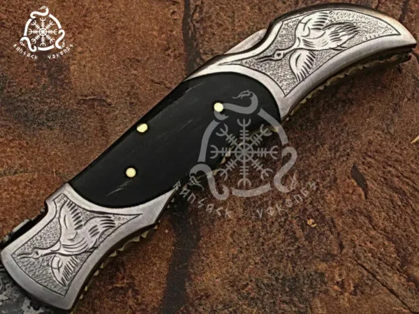 Damascus Folding Pocket Knife — Hand-Forged, Buffalo Horn Handle - view 2