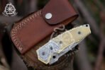 Damascus Folding Pocket Knife — Hand-Forged, Camel Bone Handle, Leather Sheath - Image 4