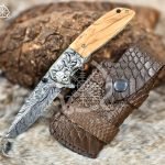 Damascus Folding Pocket Knife — Hand-Forged, Olive Wood Handle