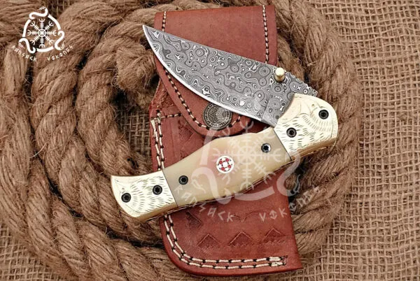 Damascus Folding Pocket Knife — Hand-Forged, Bone Handle - view 2