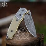 Damascus Folding Pocket Knife — Hand-Forged, Camel Bone Handle, Leather Sheath - Image 3