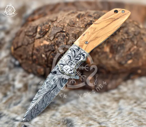 Damascus Folding Pocket Knife — Hand-Forged, Olive Wood Handle - view 2