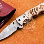 Damascus Folding Pocket Knife — Hand-Forged, Stag Horn Handle