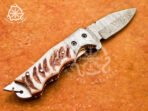 Damascus Folding Pocket Knife — Hand-Forged, Stag Horn Handle - Image 4