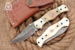 Damascus Folding Pocket Knife — Hand-Forged, Bone Handle