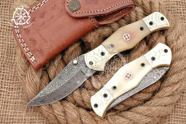 Damascus Folding Pocket Knife — Hand-Forged, Bone Handle