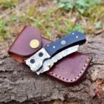 Damascus Folding Pocket Knife — Hand-Forged, Buffalo Horn Handle (RK-695) - Image 4